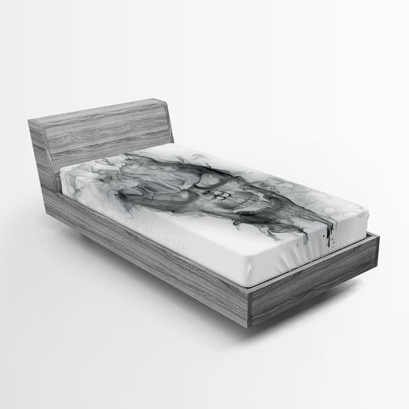 Ambesonne White Fitted Sheet, Smoky Skull Grungy Art, Twin Size, Grey White
