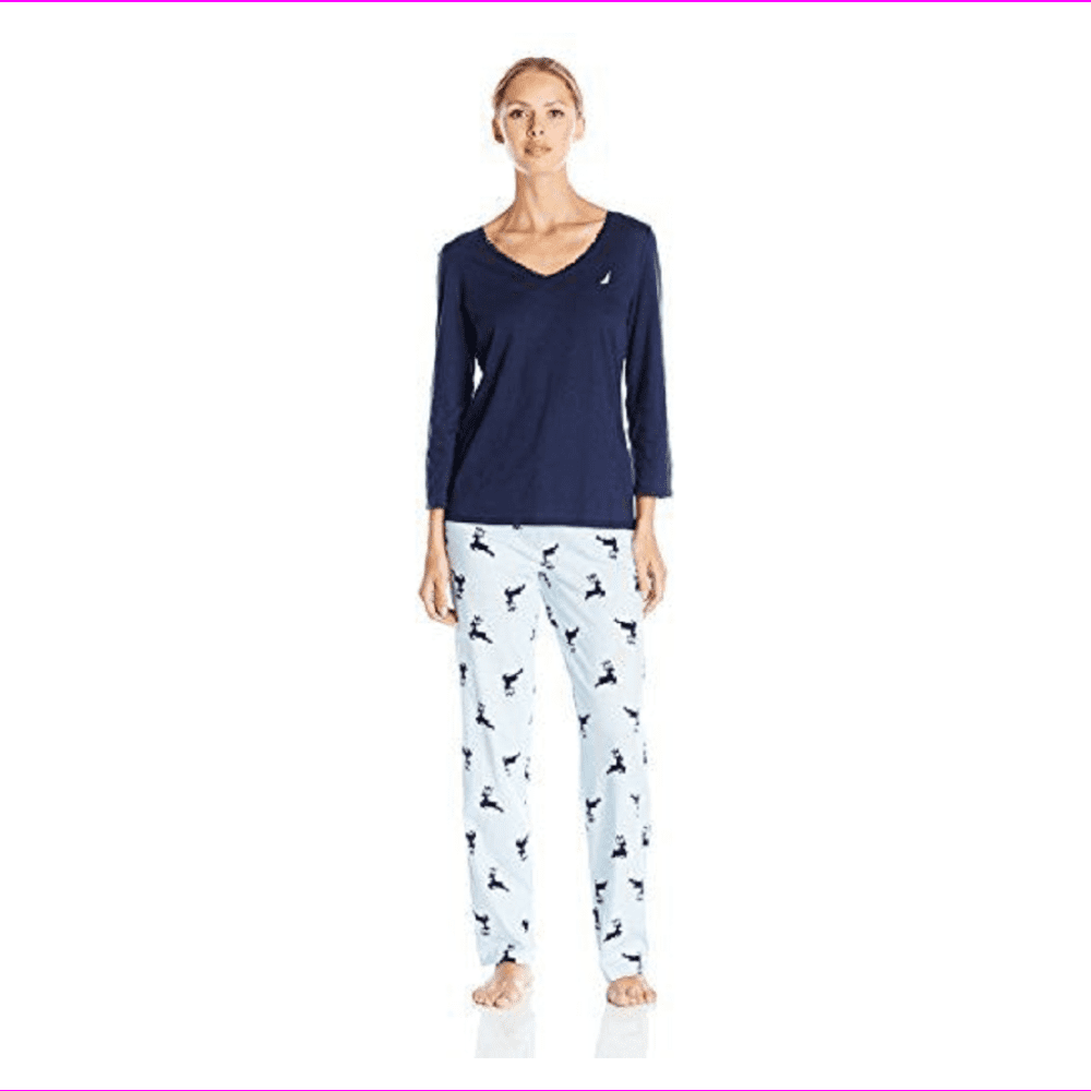 Nautica Nautica Sleepwear Women's TwoPiece Knit Navy Reindeer Pajama