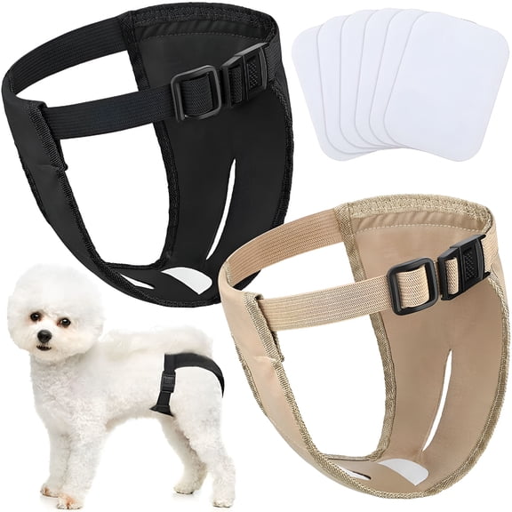 TELOLY 2 Packs Female Dog Panties with 6 Sanitary Pad, Washable Adjustable Protective Trousers Dog Nappies for Female Dogs in Heat Monthly Bleeding Physiologic, Black and Khaki, S