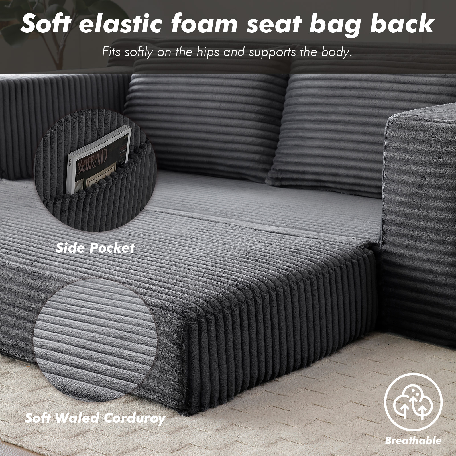 Memory Foam Cloud Sofa Bed 2-in-1 Couches No Assembly Corduroy Small Space Apartment Living Room,Grey