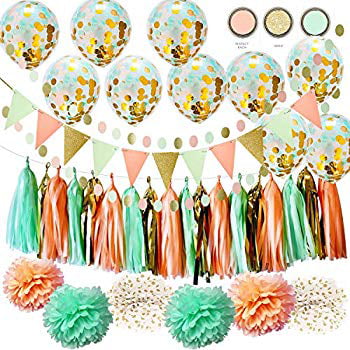 Qians Party Mint Peach Glitter Gold Tissue Paper Pom Pom Gold Tissue Pom Pom Paper Tassel Polka Dot Paper Garland for Baby Shower Decorations Wedding Nursery Bridal Shower Decorations 
