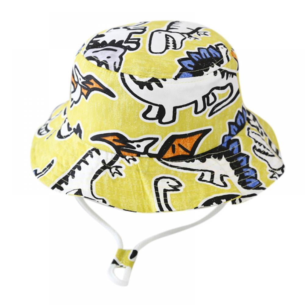 Kids Cotton Bucket Hat Reversible Sun Hat Fish and Plaid Print Foldable Beach Cap with Adjustable Chin Strap Summer Spring Travel Beach Leisure