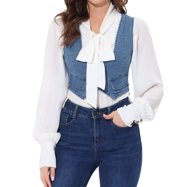 Chaleco de mezclilla INSPIRE CHIC para mujeres, con botones, cuello redondo, sin mangas, color azul claro, XS