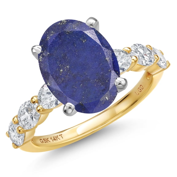 Gem Stone King 14K Two Tone Gold Blue Lapis and Lab Grown Diamond Engagement Ring for Women | 4.90 Cttw | Oval 12X10MM | Gemstone Birthstone | Size 8