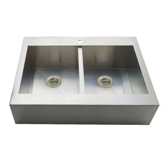 Kingston Brass Edinburg KGKTDF3624918 36" Stainless Steel Double Bowl Drop-In Kitchen Sink with 1-Hole Drain and Strainer, Stainless Steel/Brushed Nickel