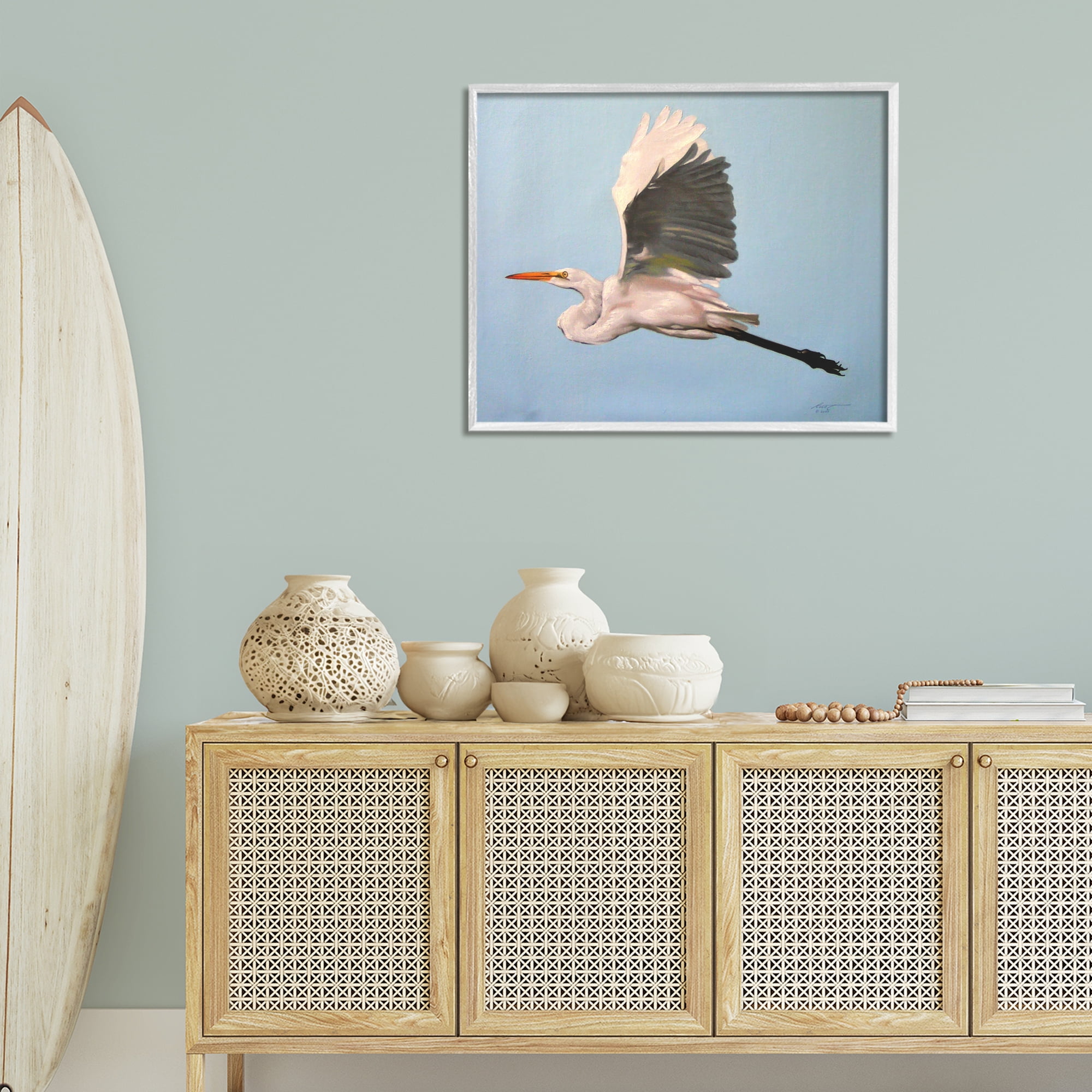 Stupell Industries Graceful Egret Flying Animals & Insects Painting White Framed Art Print Wall Art, 30 x 24