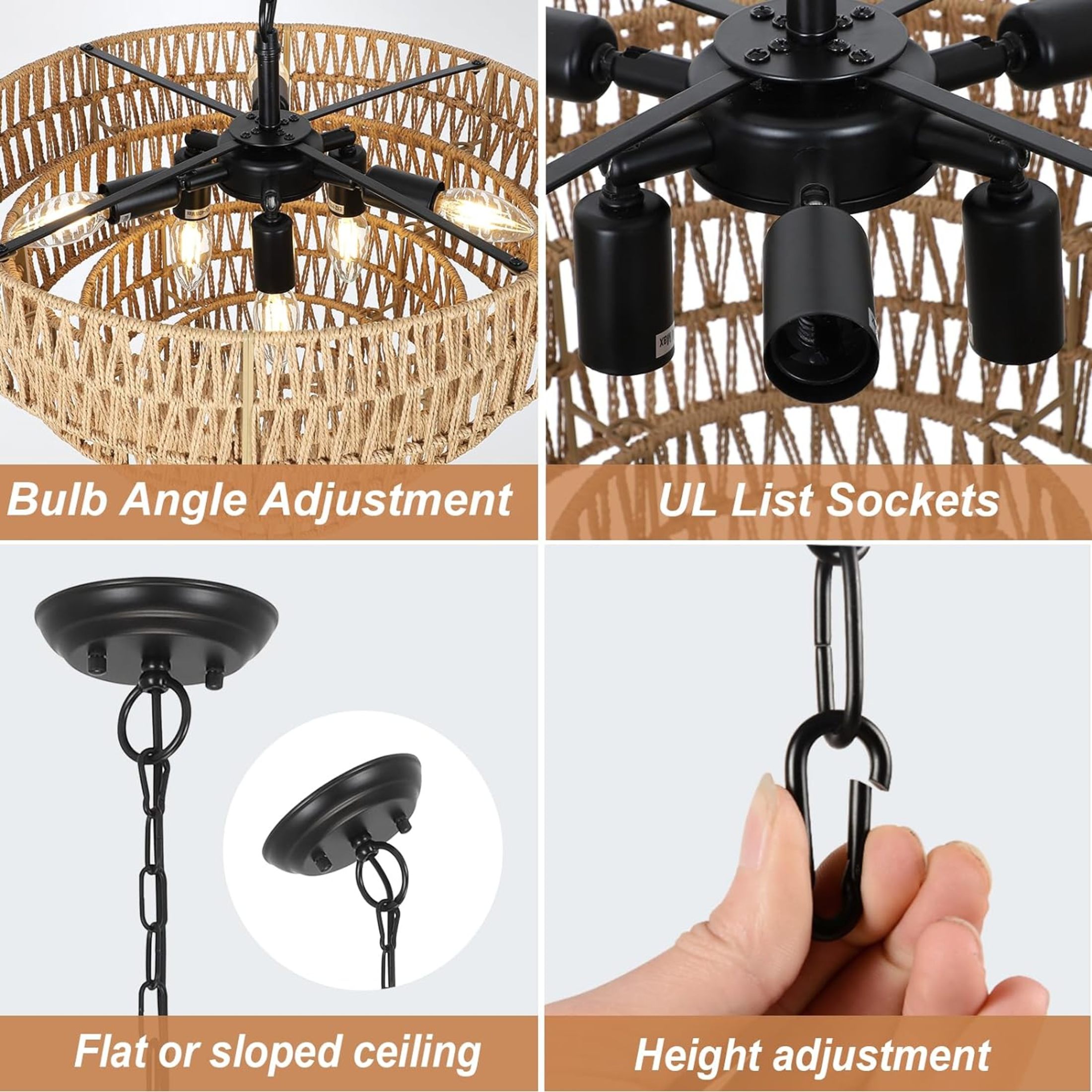 Noble House 20" Boho Adjustable Rattan Chandelier, 6-Light Farmhouse Pendant, 4-Tier Woven Shade, E12 Dimmable, Black