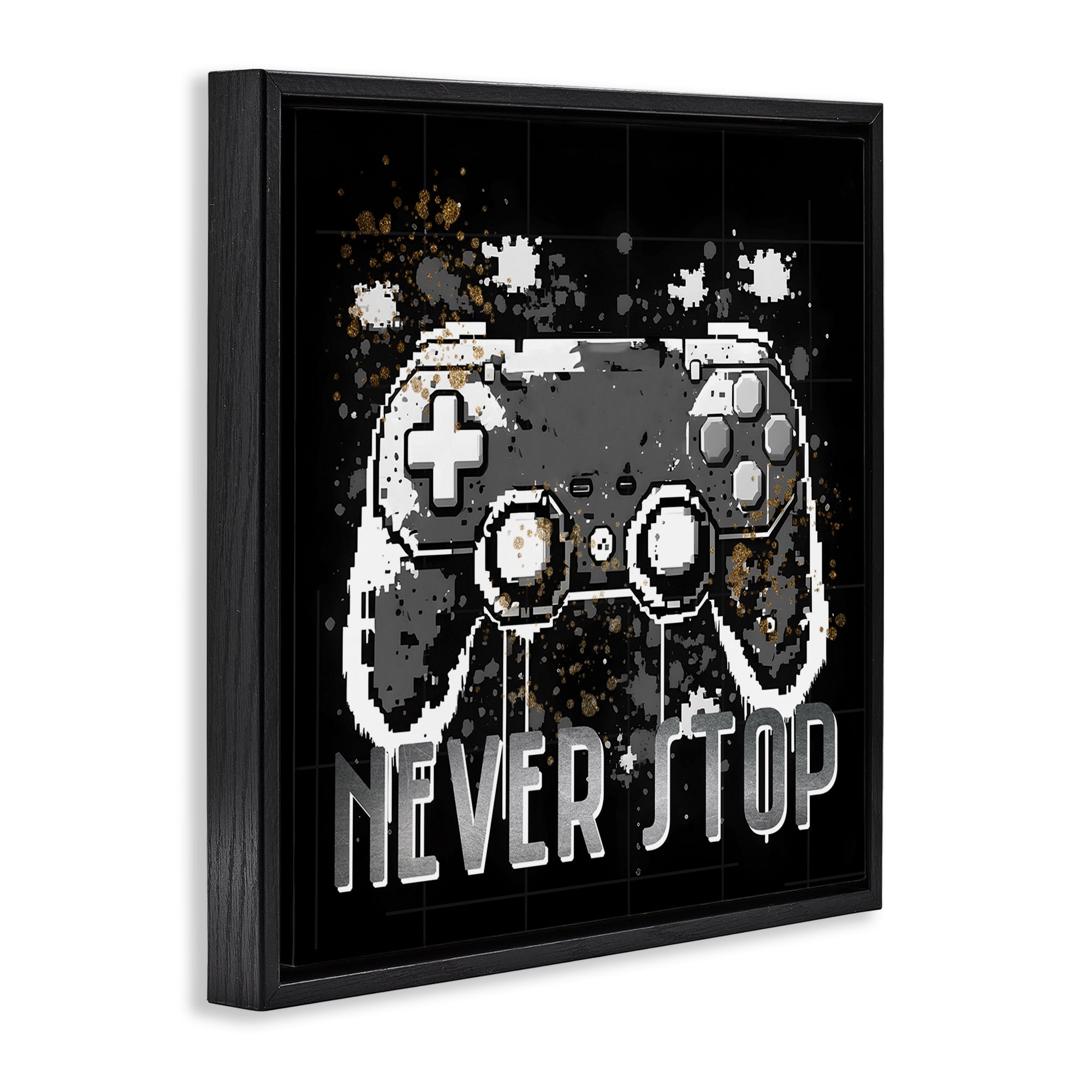 Stupell Industries Never Stop Pixel Controller Entertainment Painting Black Floater Framed Canvas Art Print Wall Art, 25 x 25