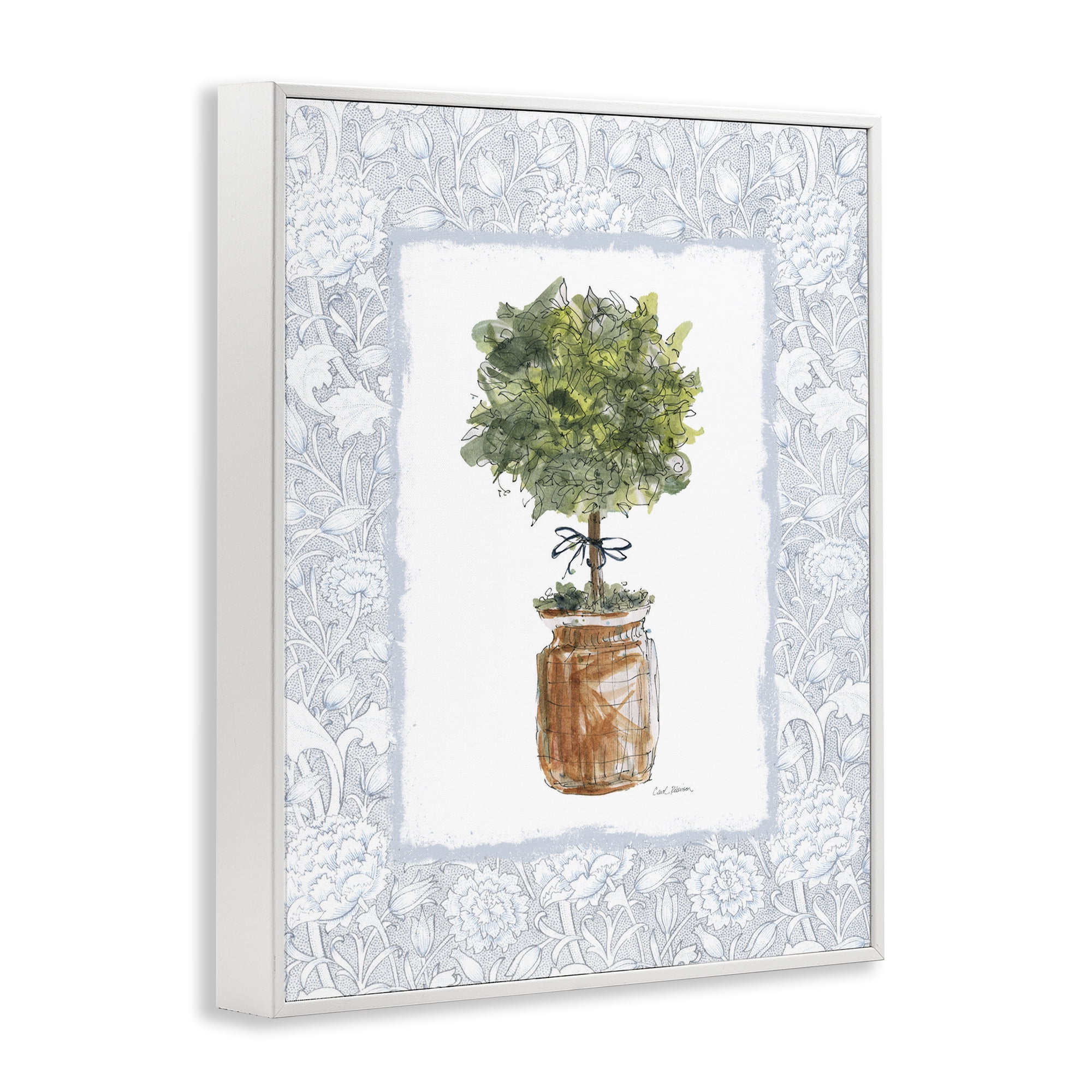 Stupell Industries Potted Topiary with Ribbon White Framed Giclee Art, design by Carol Robinson