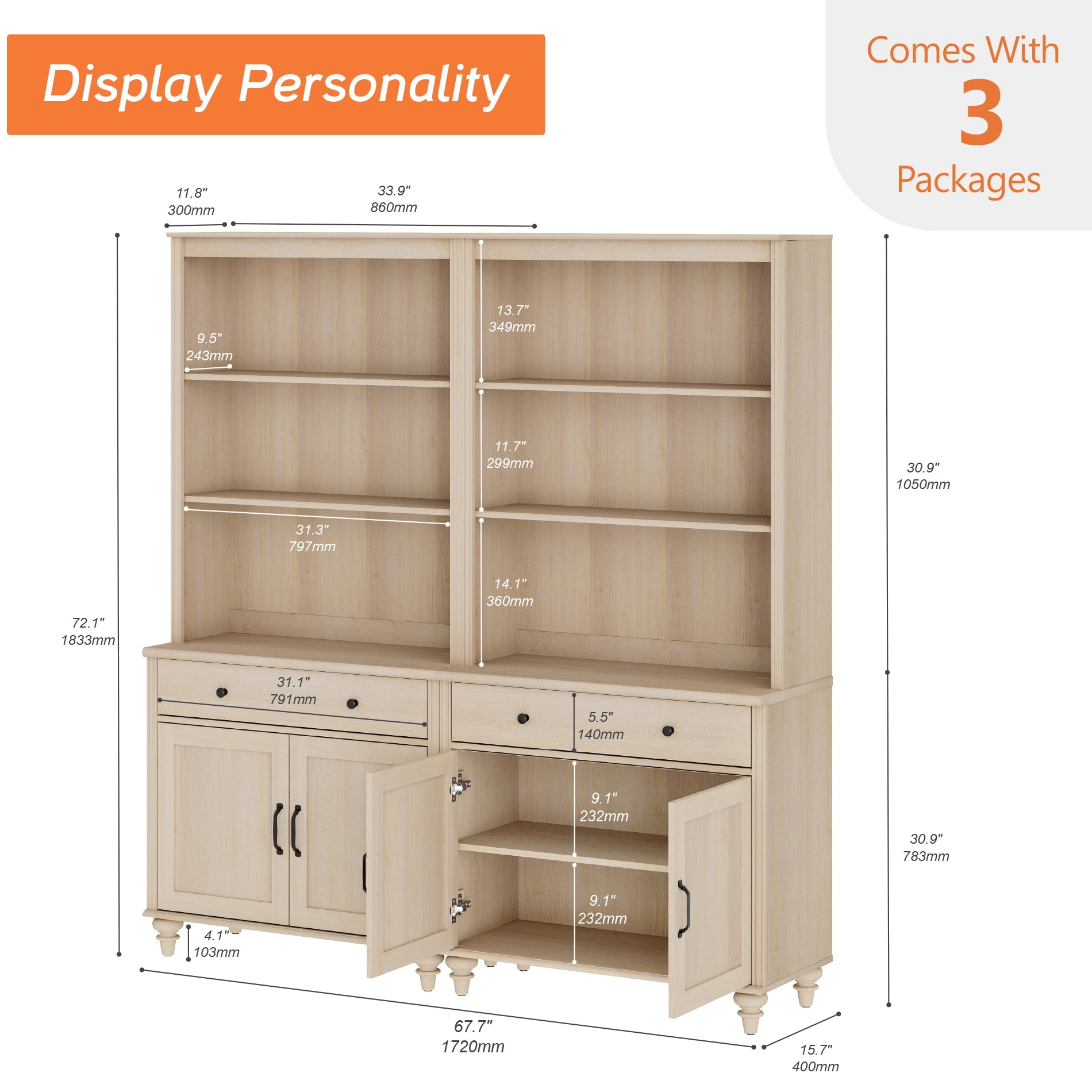 Farmhouse 5 Tier Bookcase With 2 Drawers and 4 Doors, Beige, 67.7" W