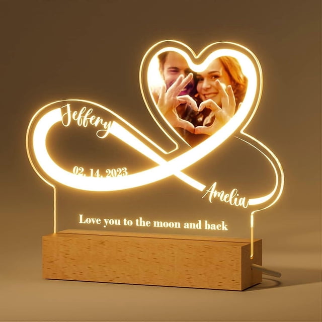 Infinite Love Night Light - Personalized Lamp with Photo First Names Text Date - Valentine's Day Gift for Men and Women, Wedding, Couple