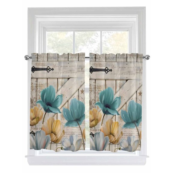 Watercolor Flowers Living Room Curtains 2 Panel, Vintage Tulips Floral Barn Doors Wood Grain Cafe Window Treatment, Farmhouse Bedroom Bathroom Kitchen Curtains Drapes 104"x54"