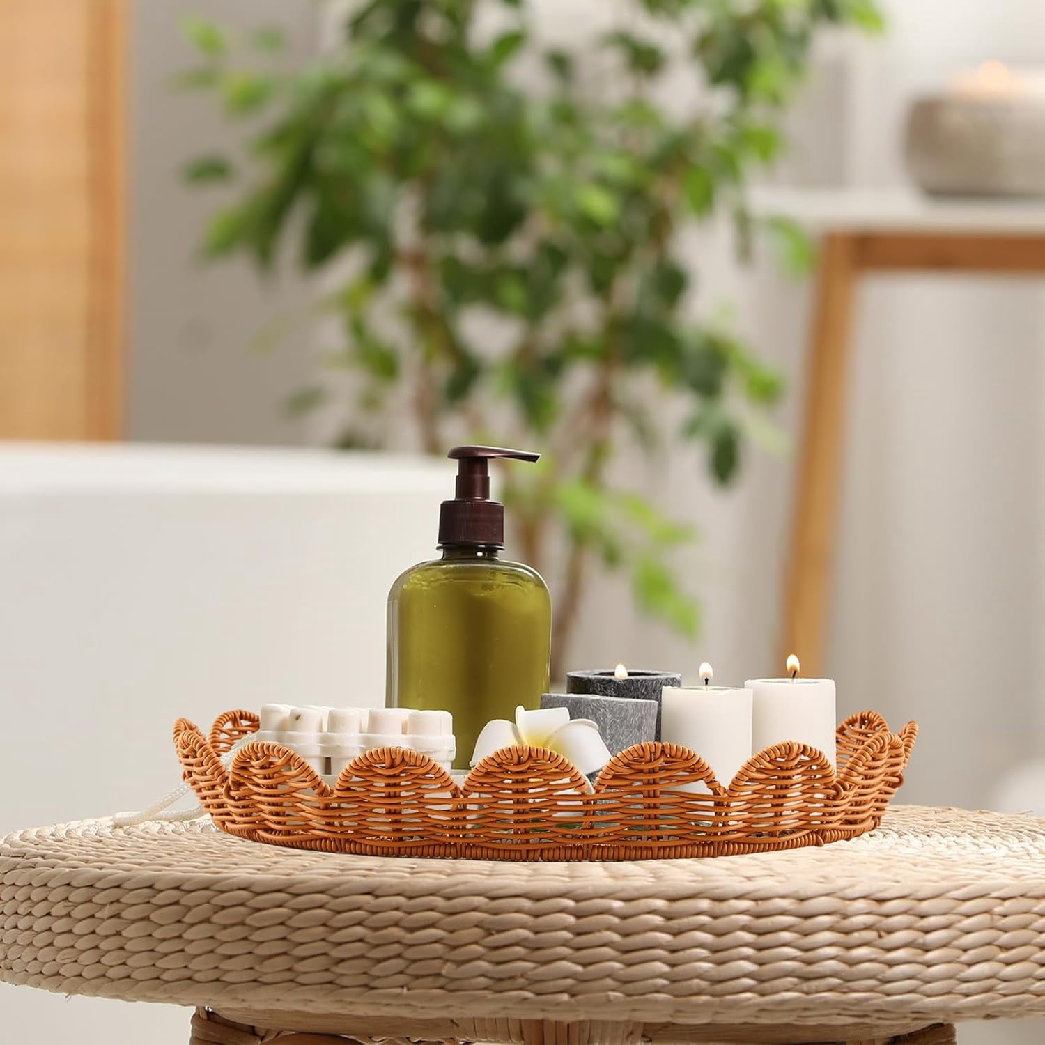 3 Pcs Scalloped Basket, Hand Woven Rattan Basket Set Round Wicker Basket with Lid 18 x 14 x 6 In Wicker Storage Basket for Storage Nursery, Baby, Clothes, Toys Bathroom Decor (S+M+L)