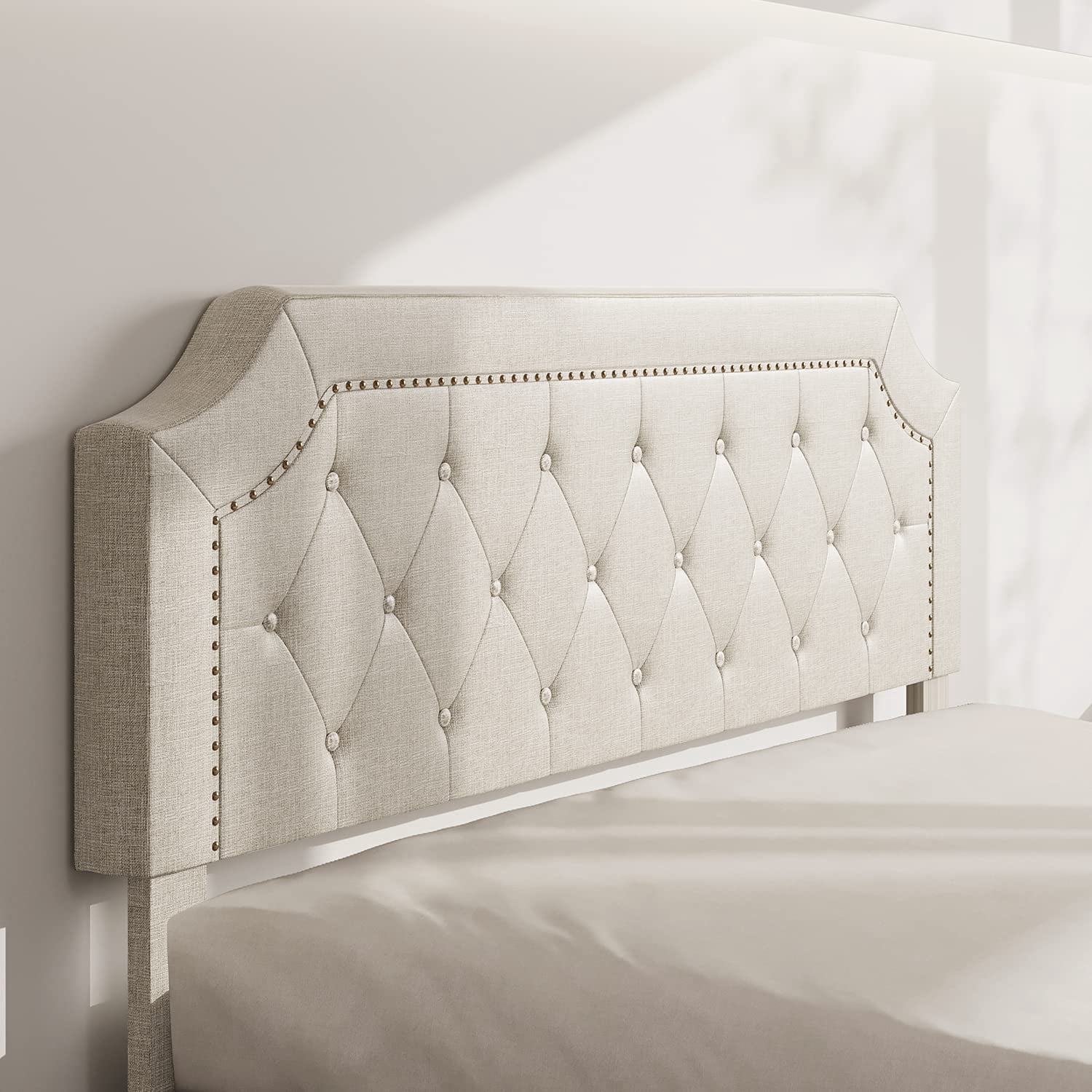 BONSOIR QUEEN Size Bed Frame Upholstered Low Profile Traditional Platform with Tufted and Nail Headboard/No Box Spring Needed/No Bed Skirt Needed/Linen Fabric Upholstery/Color of Sand
