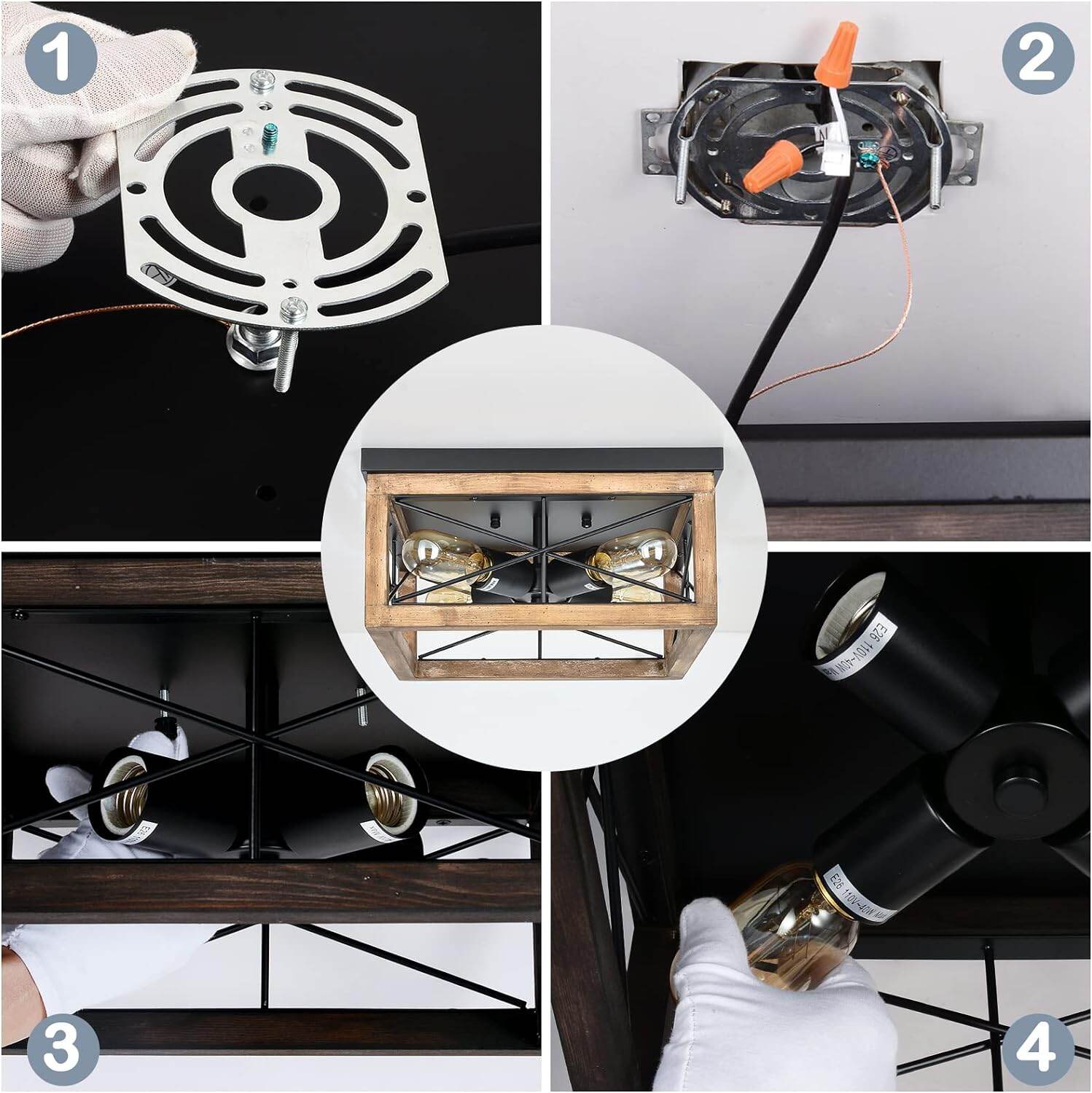 Table Lamp Wooden Flush Mount Ceiling Lights, 4-Light Farmhouse Close to Ceiling Lighting Fixtures Black Ceiling Lamp for Kitchen Island Living Room Bedroom Hallway Laundry Entryway,Bedroom Lamp