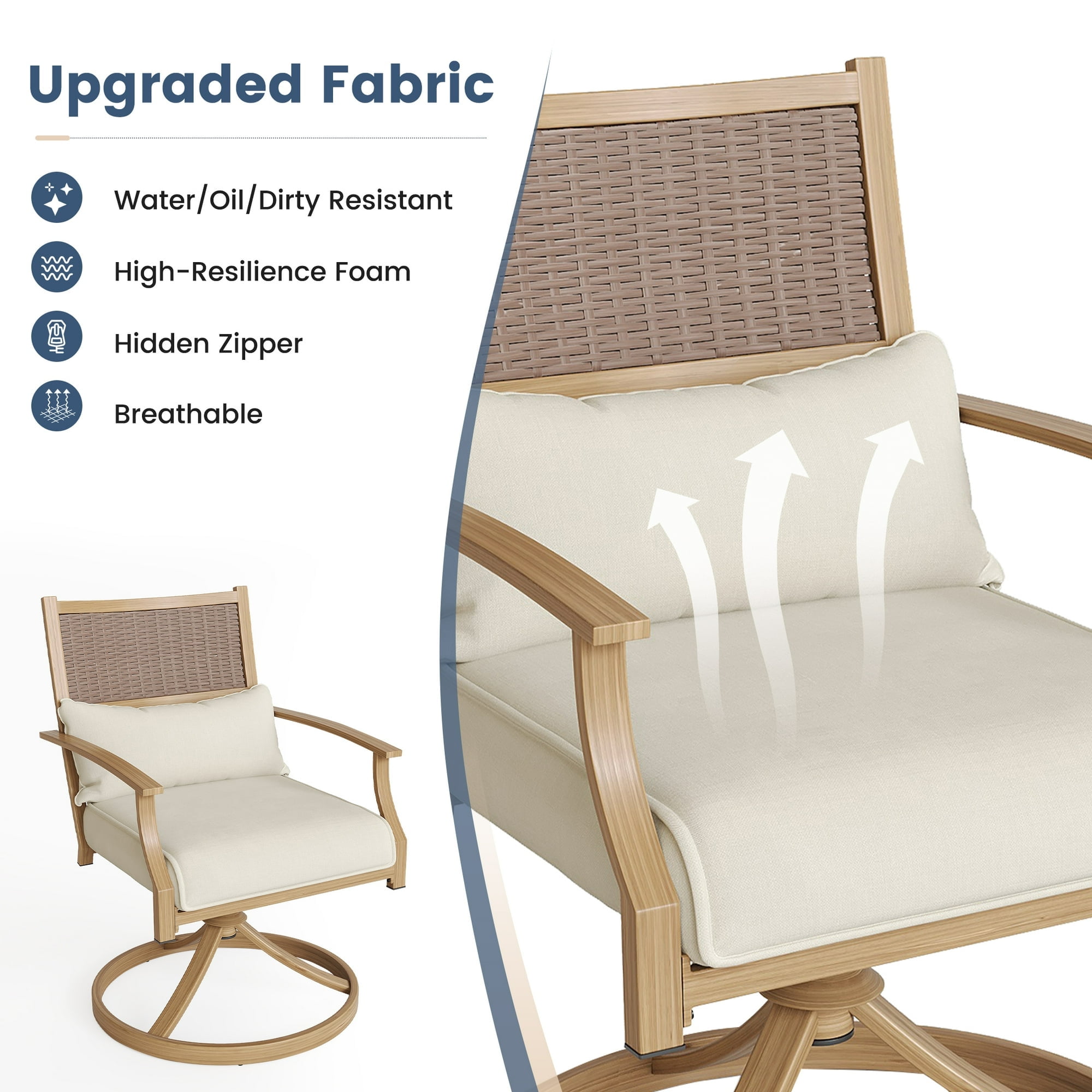 Poteban Patio Swivel Chairs Set of 2, Outdoor Dining Chairs with Deep Seat Cushion, All Weather Swivel Rocker Chairs with Hand-Painted Metal Frame, for Backyard Deck (Khaki)