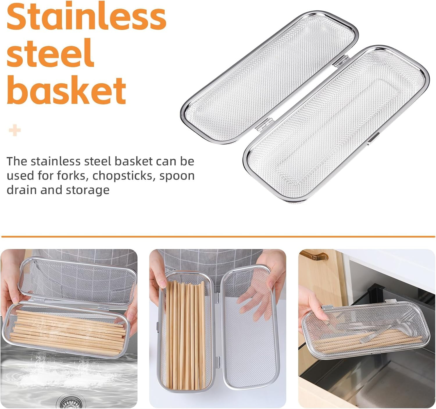 ABPETE Dishwasher Basket, Stainless Steel Dishwasher Silverware Basket, Replacement Utensil Rectangular Mesh Drain for Small Items