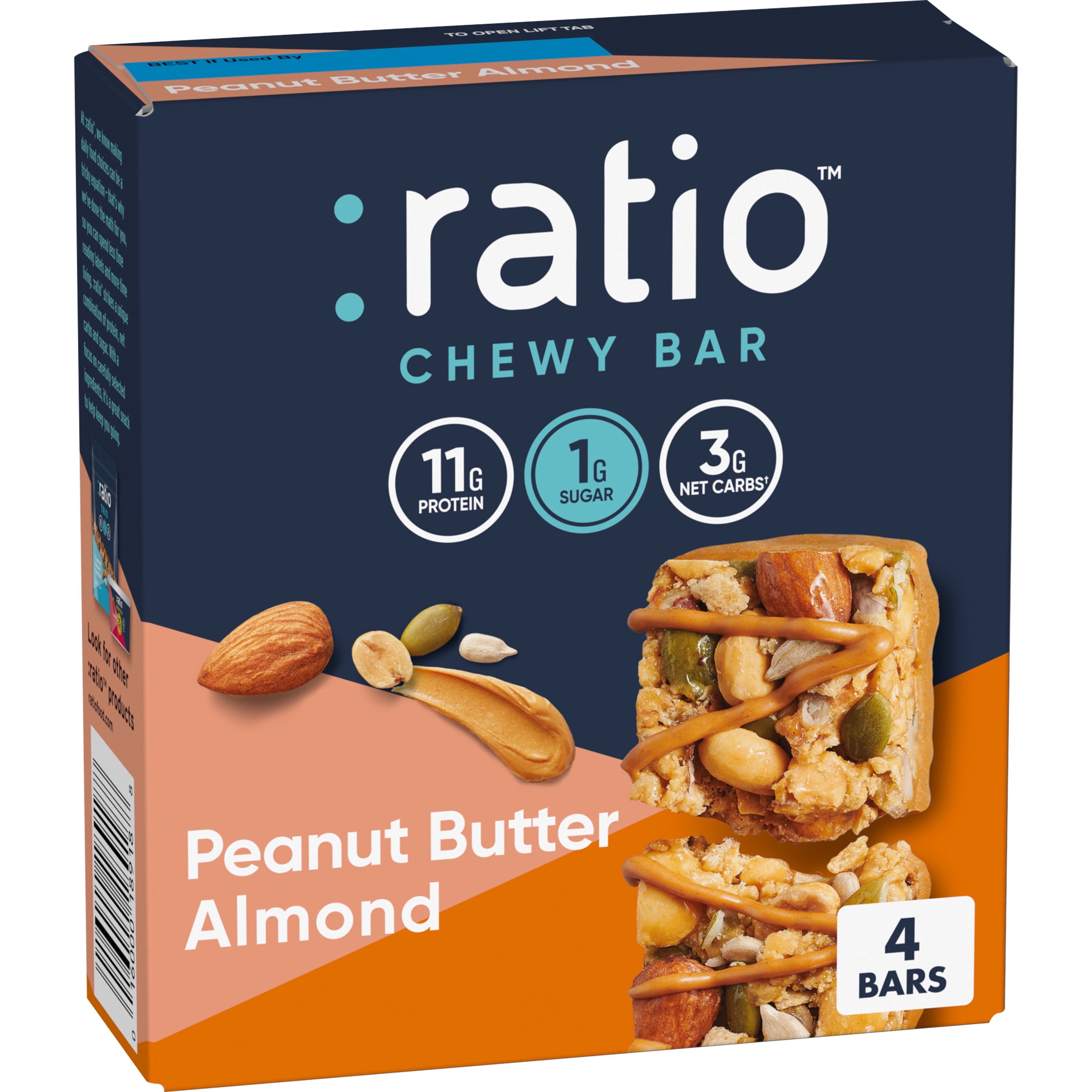 Ratio Chewy Protein Bar, Peanut Butter Almond, Keto Friendly, 5.6 OZ (4 Bars)