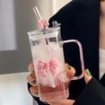 thumbnail image 5 of 1PC Bow Shaped Square Transparent Glass Cup with Lid Straw and Handle Heat Resistant Glass Tumbler Suitable for for Water Juice Iced Coffee Milk Tea, 5 of 7