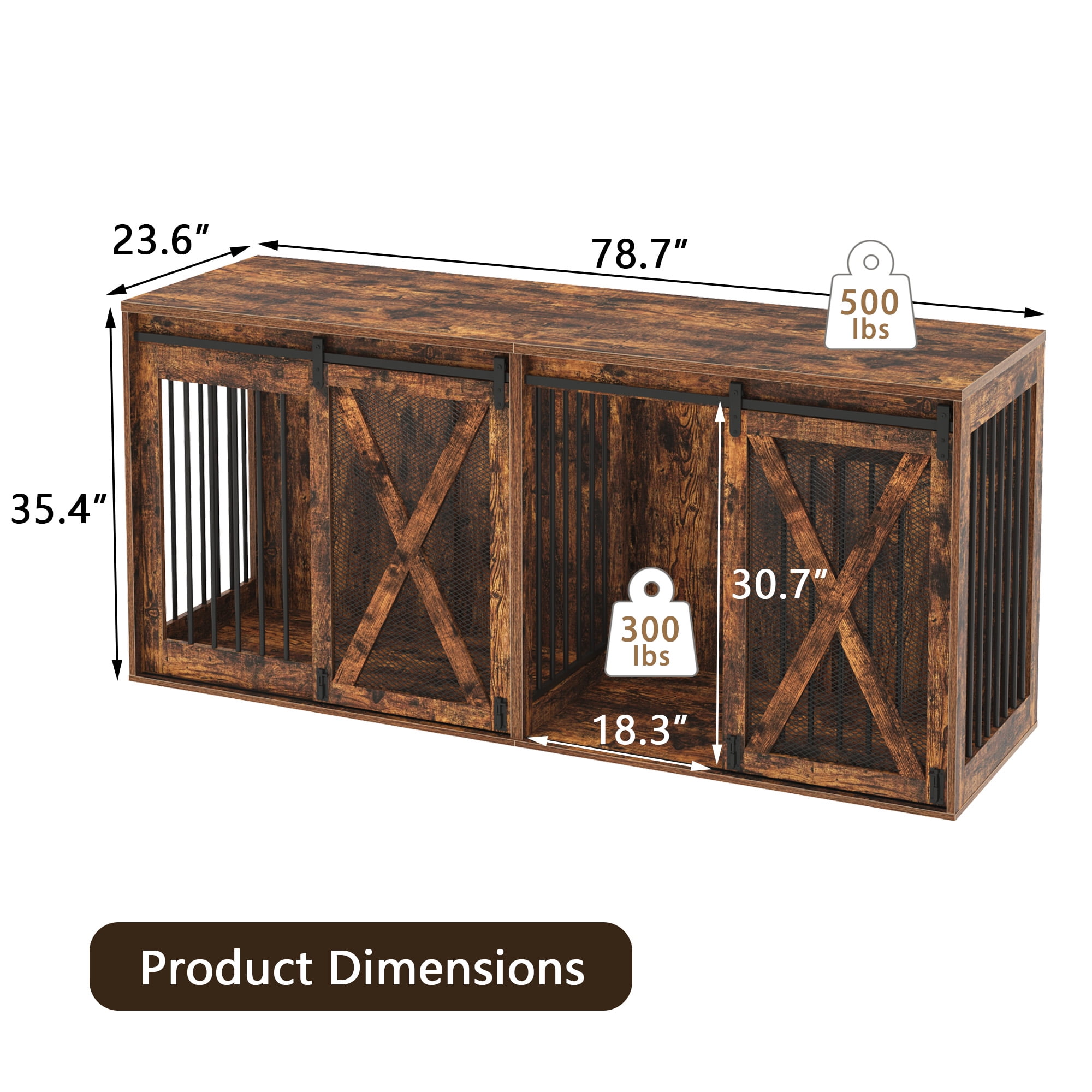 Nordee 78.7" XXL Dog Crate Furniture for 2 Large Dogs, Heavy Duty Double Dog Cage Large Breed, 35.4" Tall Thick Wooden Dog Kennel TV Stand with Divider, Rustic Brown