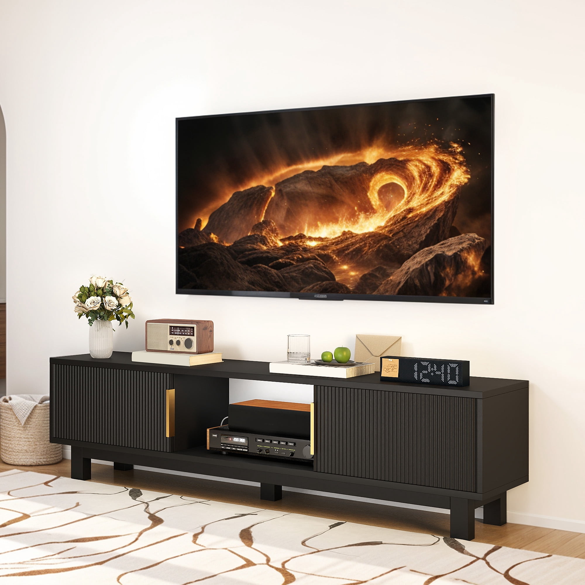 Uforic Fluted TV Stand for 65" TVs, Modern Living Room Media Console with Adjustable Shelf & Power Outlets, Black