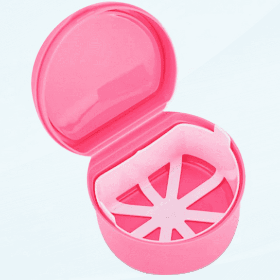 1PC False Tooth Retainer Case,Denture Box,Teeth Holder Denture Box Leakproof Storage Case Container with Strainer for Travel Cleaning Or Overnight Soaking(Pink)