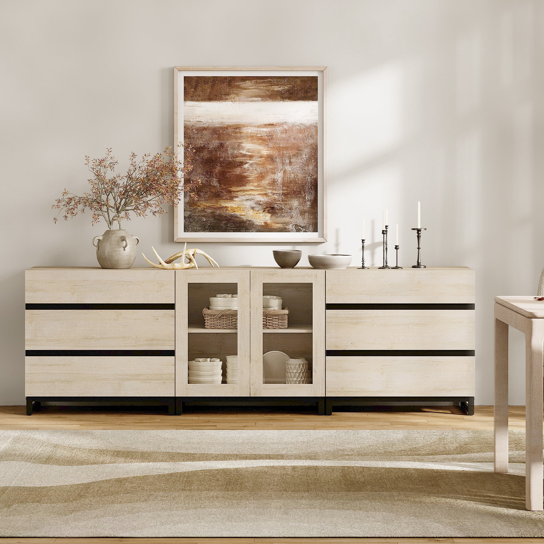 3 In 1 Multifunctional Sideboard Buffet Cabinets With Glass Doors And 6 Drawers, Modern Sideboard Credenza With Adjustable Shelf And Metal Base,Storage Cabinet For Living Room, Kitchen