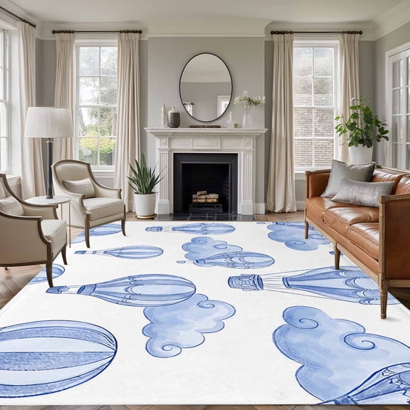 Purple Blue Hot Air Balloon Area Rugs 6'x9', Washable Small Throw Rugs for Kitchen Dining room, Modern Balloon Float Clouds Indoor Outdoor Rug Non-Slip Low Pile Carpet Runner Reversible Floor Mats