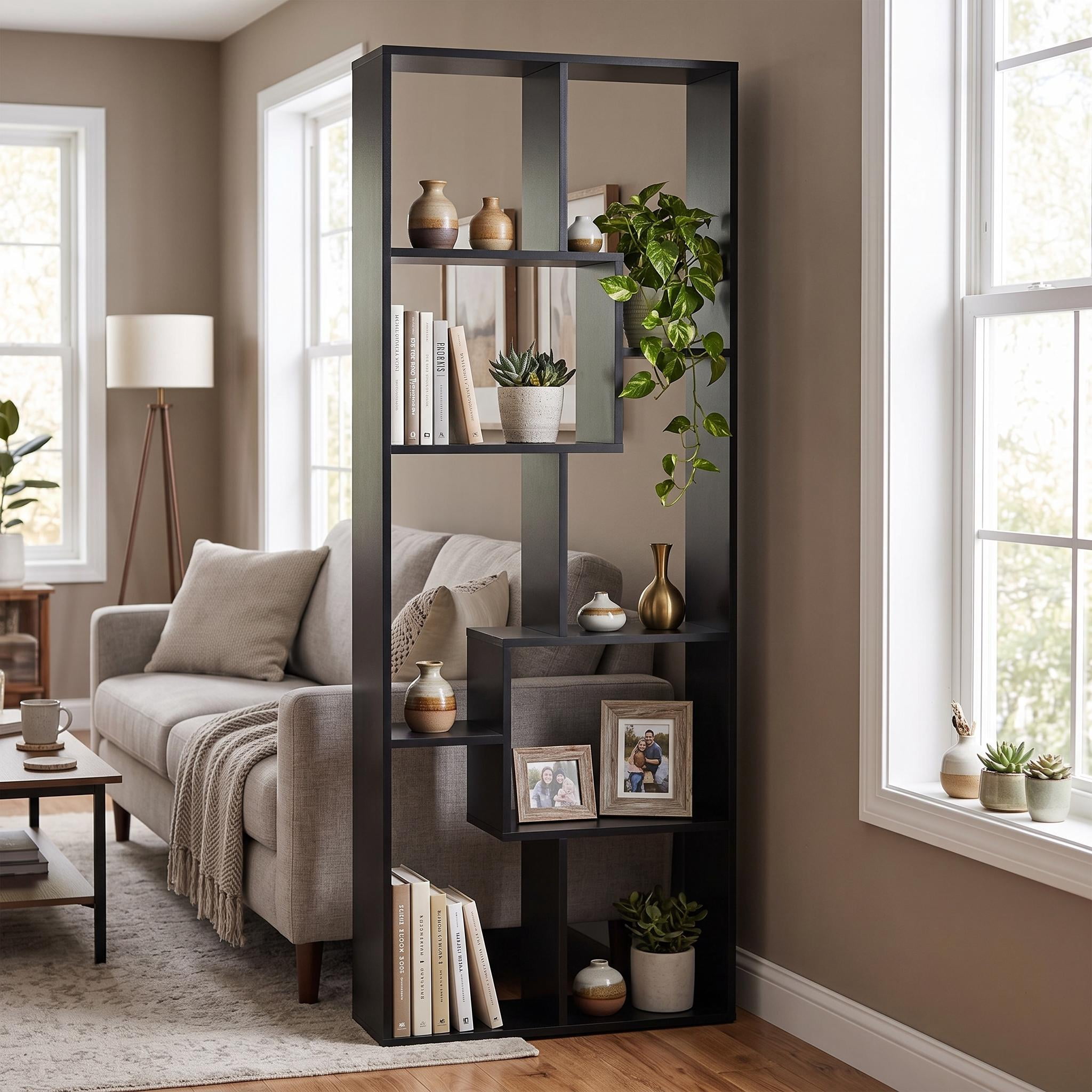 Homy Casa 71" Tall Geometric Bookcase, Open Display Shelf for Living Room & Home Office, Black