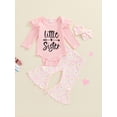 thumbnail image 2 of Nygoyerh Little Girl Fall Outfits 3M 6M 12M 18M 24M Letter Print Playwear Long Sleeves Romper + Elastic Daisy Print Flared Pants + Headband 3 Piece Sets Newborn Infant Clothing, 2 of 7