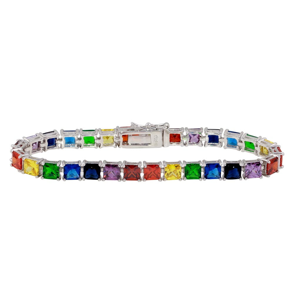 Multicolor Square Cubic Zirconia Rainbow Tennis Bracelet Rhodium Plated