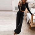 thumbnail image 4 of Womens Solid Ribbed 2 Piece Outfits ong Sleeve Crop Top with High Waist Wide Leg Pant Suits Pajamas Sets Loungewear, 4 of 7