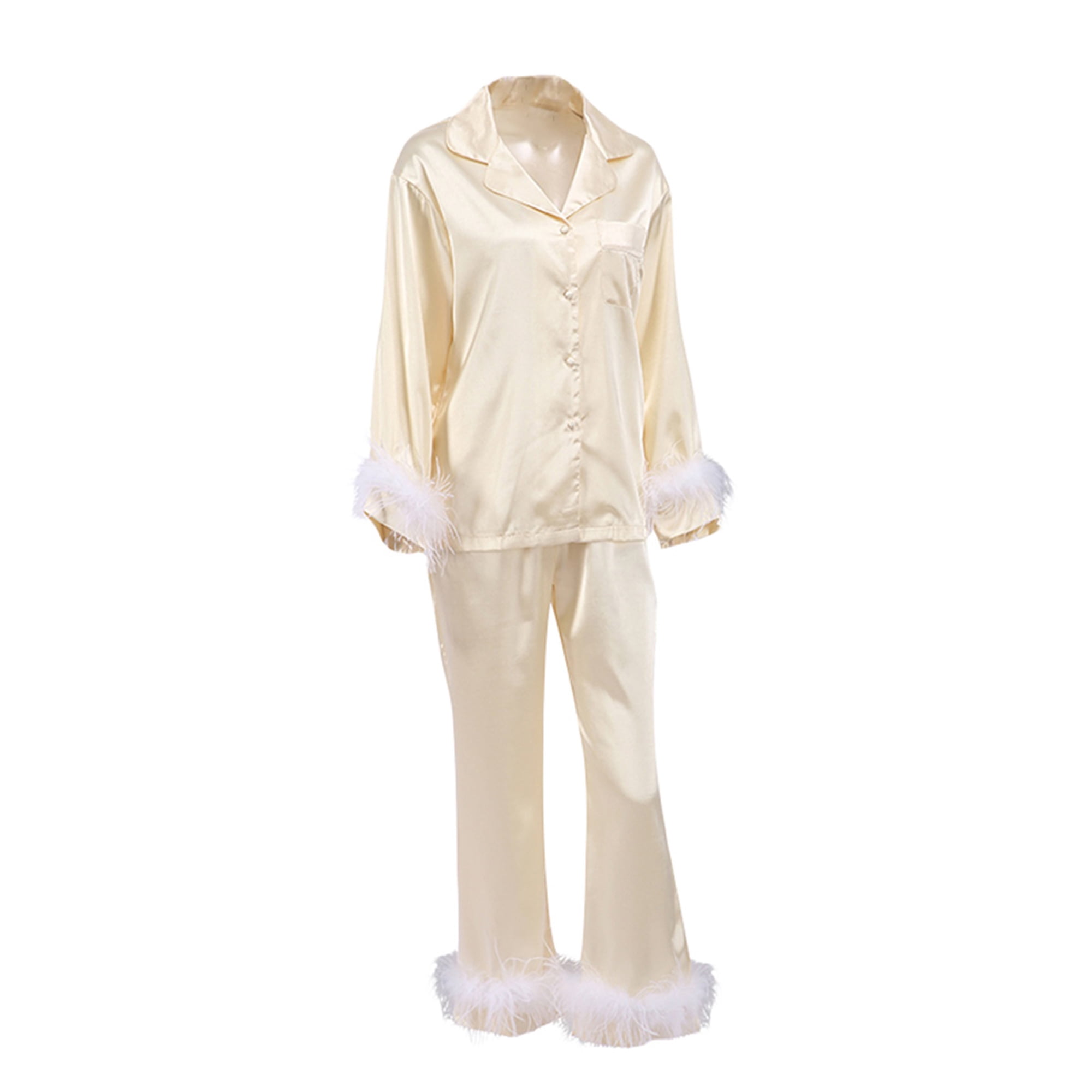 Sunloudy Women s Ice Silk Sleepwear Feather Trim Long Sleeve Button Down Lapel Collar Tops Pants Spring Fall Pajamas Set