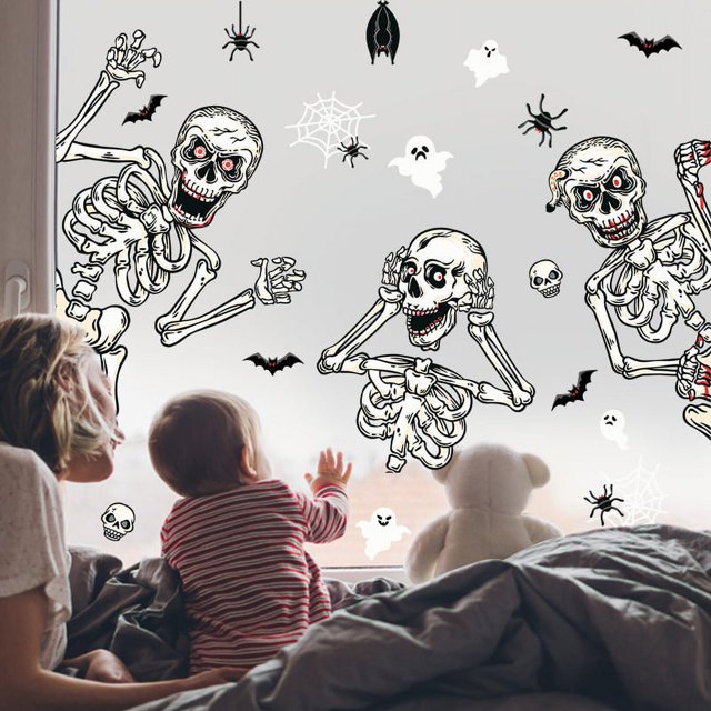 Adhesivos para ventanas de Halloween, decoraciones de Halloween, pegatinas para ventanas, esqueletos, fantasmas, murciélagos, pegatinas divertidas de montaje de esqueleto, adhesivos de vidrio para pared lisa, ventana, piso, fiesta de Halloween Sailing Electrónica