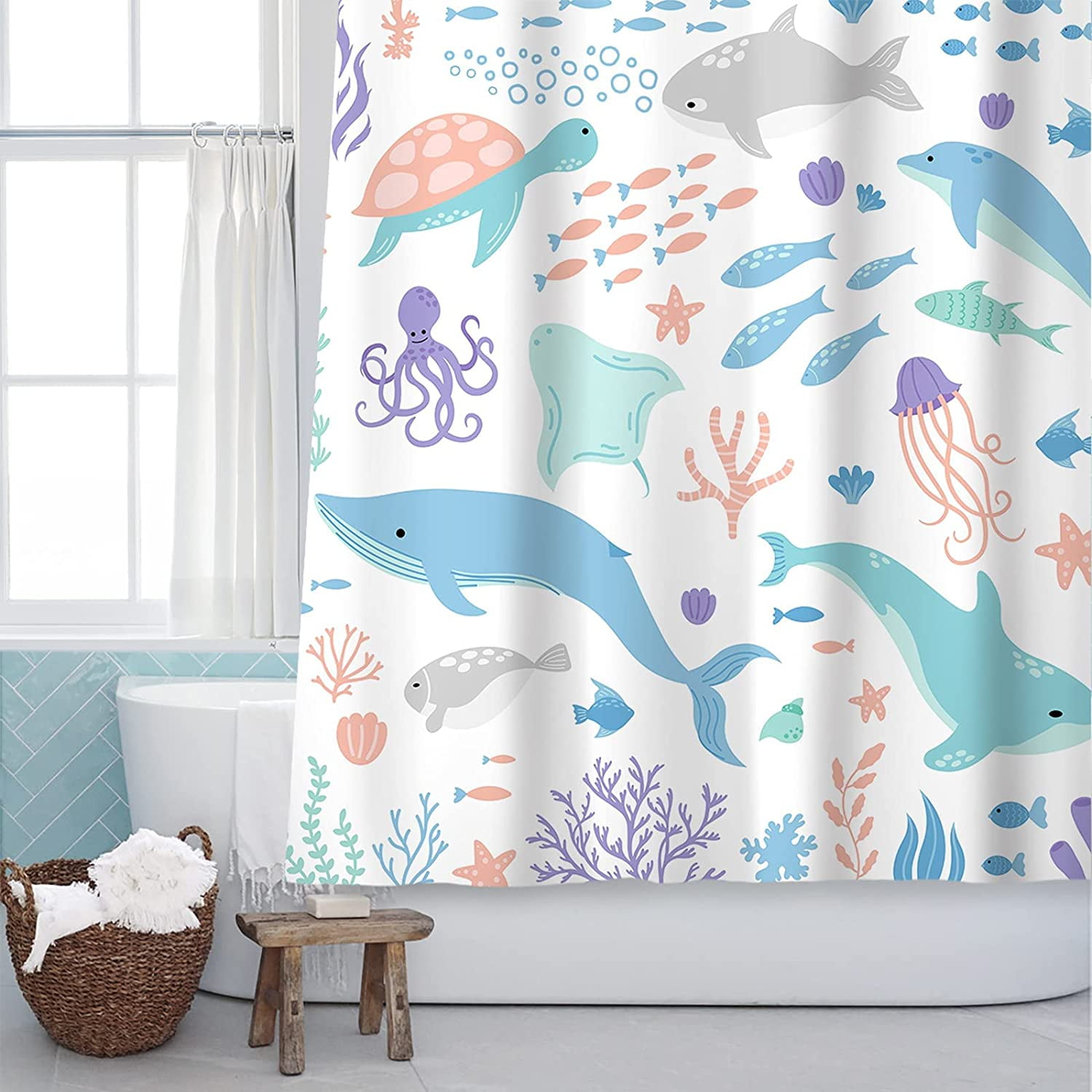 Sonernt Lovely Cartoon Pastel Colors Aquarium Shower Curtain, Ocean ...