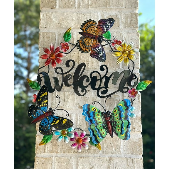 Wreath Welcome Butterfly 3D Metal Sign Large Wall Door Garden Indoor Outdoor Decor 20" D