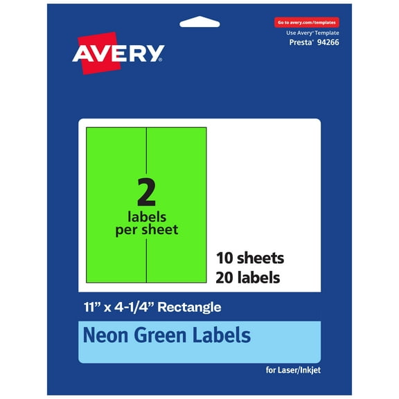 Avery Printable Rectangle Labels, Neon Green, 11" x 4.25", 20ct