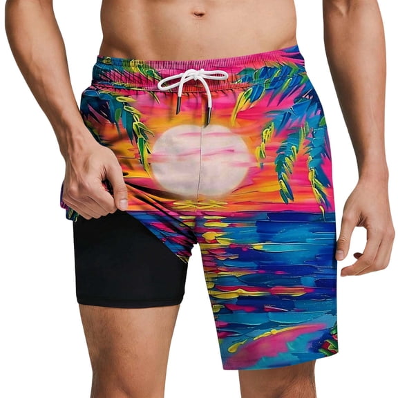 Mens Swimming Shorts with Compression Liner Hawaiian Printed Swim Trunks 2 in 1 Board Shorts with Pockets Holiday Beach Surfing Boardshorts Casual Short Pants for Sports Fitness Training