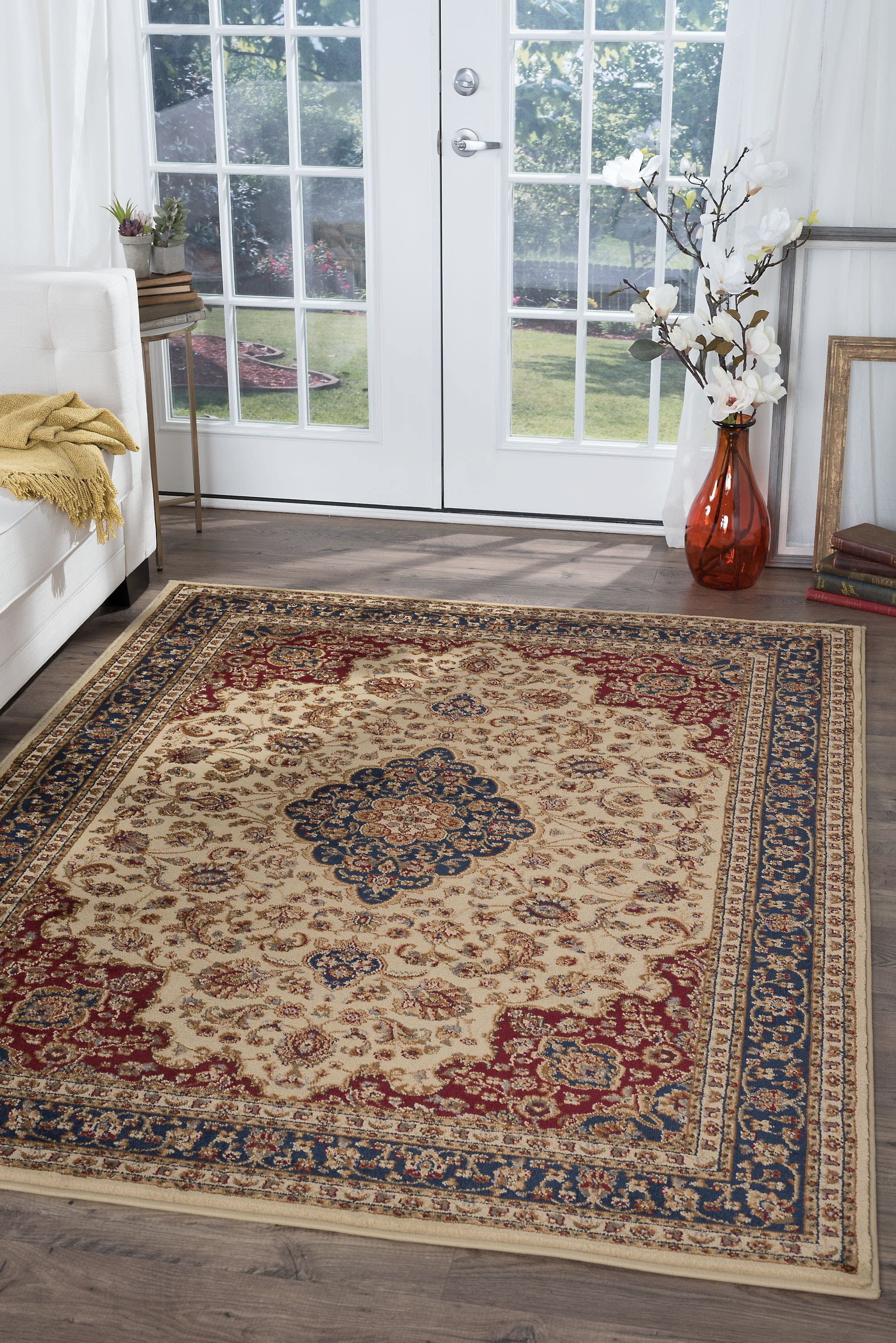 Transitional 9x12 Area Rug (8'9'' x 12'3'') Border Ivory, Scarlet