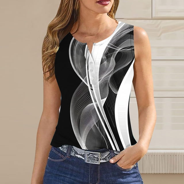 Qertyioot Womens Petite Plus Printed Button Round Neck Sports Tank Top for Outwear with Bottom Short Top