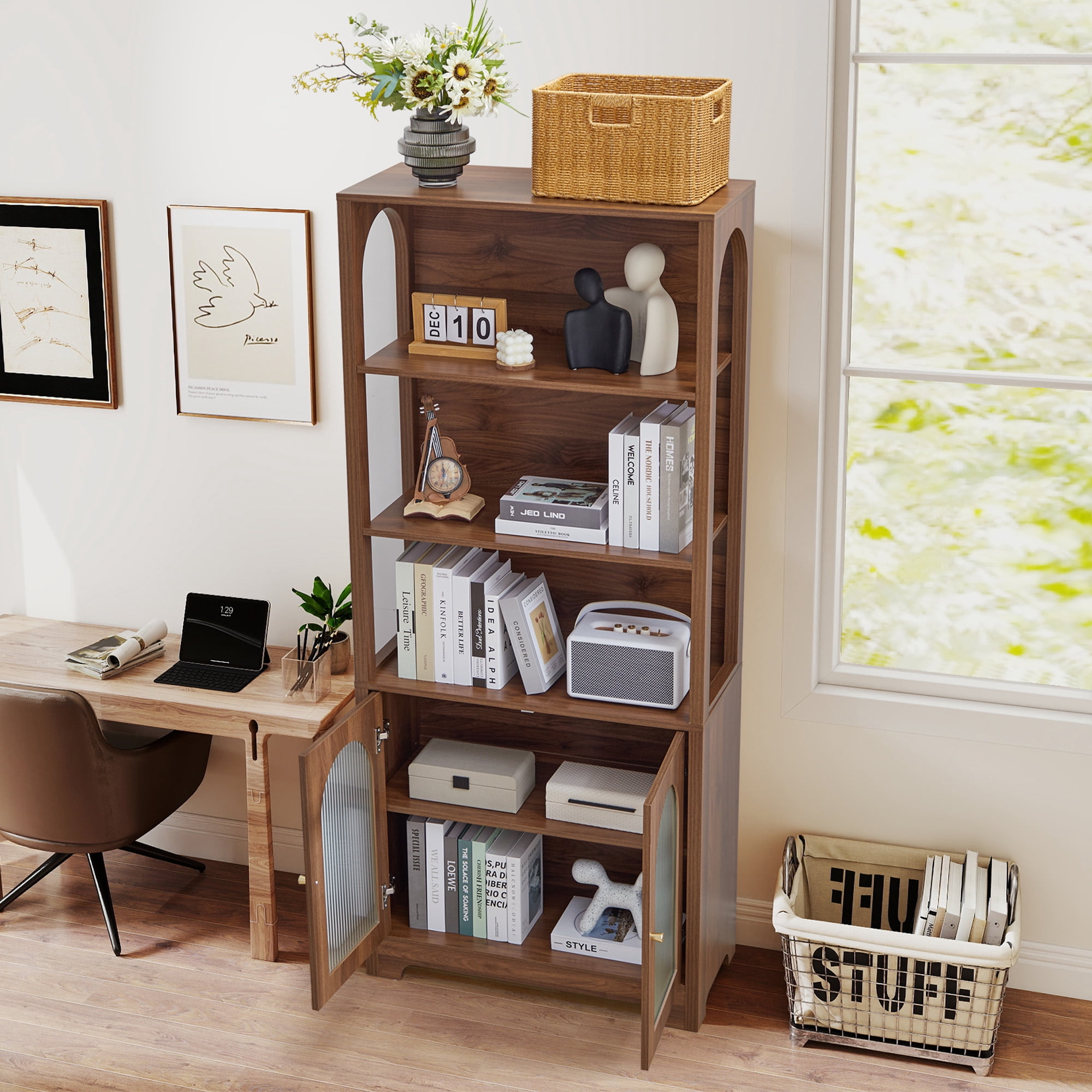 Weselon 70" Tall Bookcase with Door and Shelves, Freestanding Storage Cabinet with Arched Acrylic Door for Living Room Office Storage, Floor Standing Bookshelves,Oak