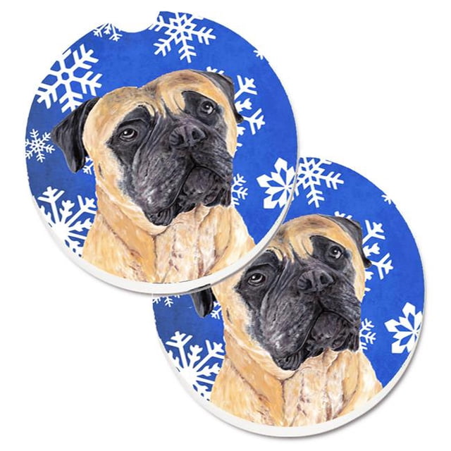 Mastiff Winter Snowflakes Holiday Set of 2 Cup Holder Car Coaster