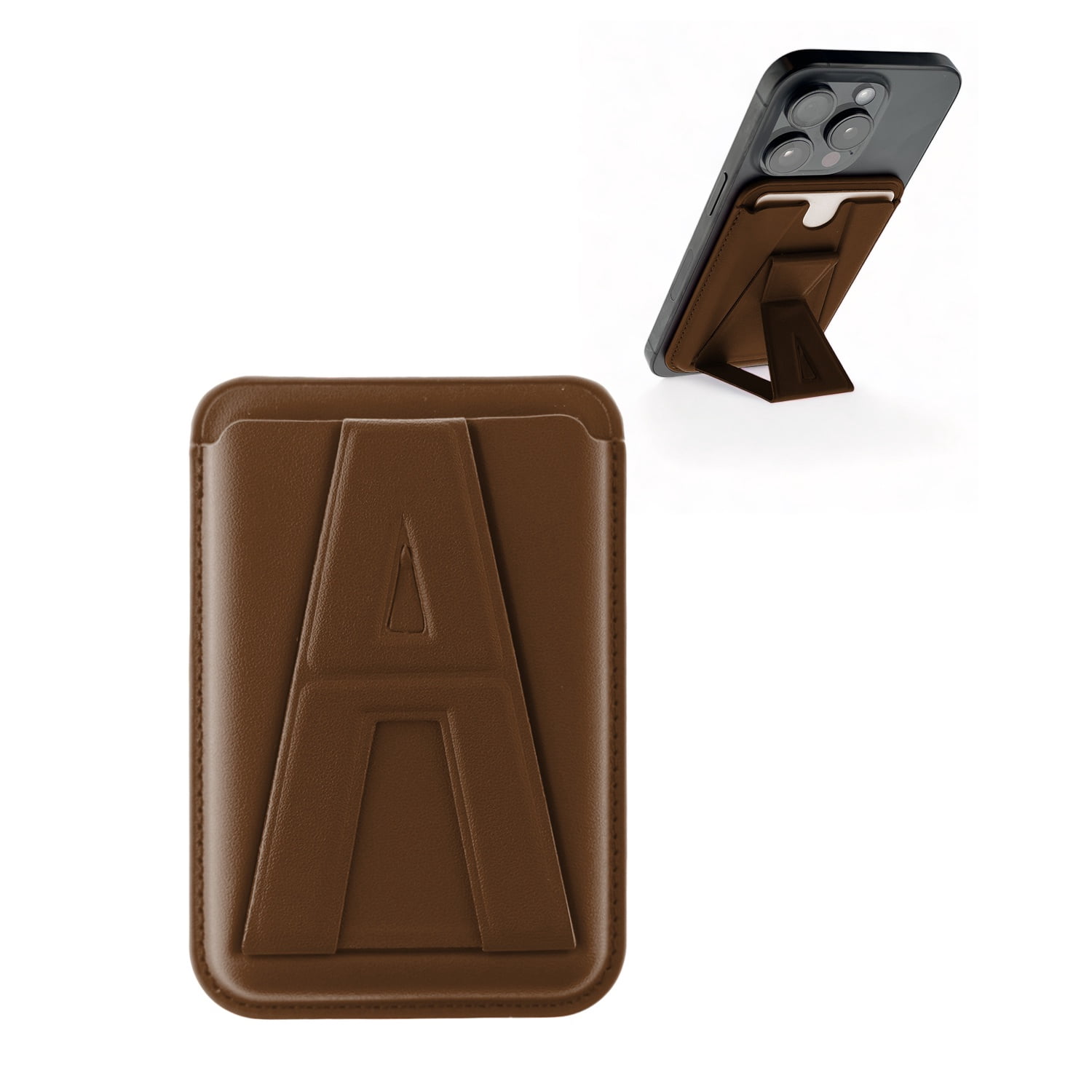 A Design Leather Card Holder Wallet with Foldable Stand - Brown