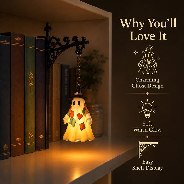 Ghost Bookshelf Lantern – Vintage Patchwork LED Light For Book Lovers, Halloween & Dark Academia Decor