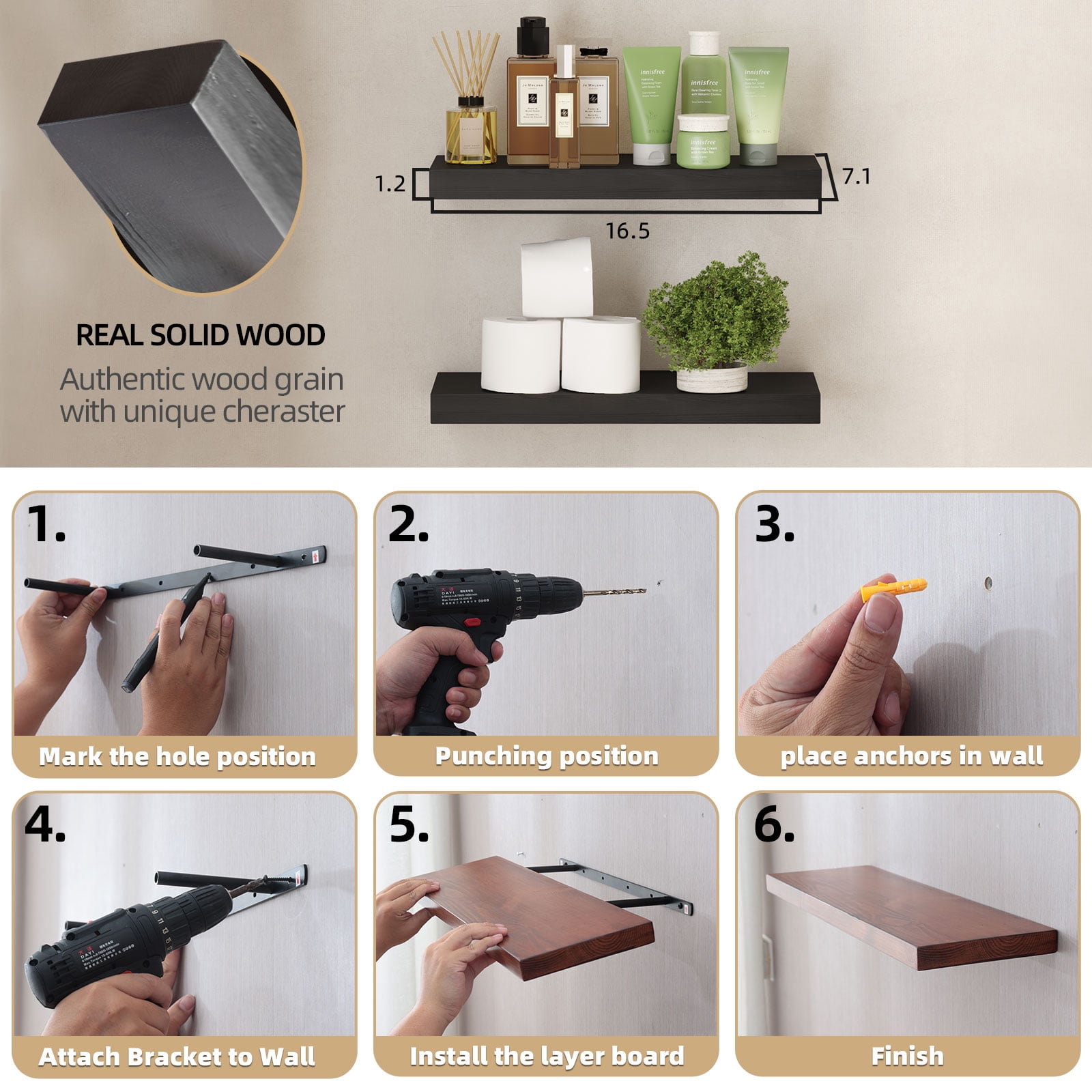 16.5 in Solid Wood Floating Shelves Wall Mounted Shelves, Black Color, Set of 2