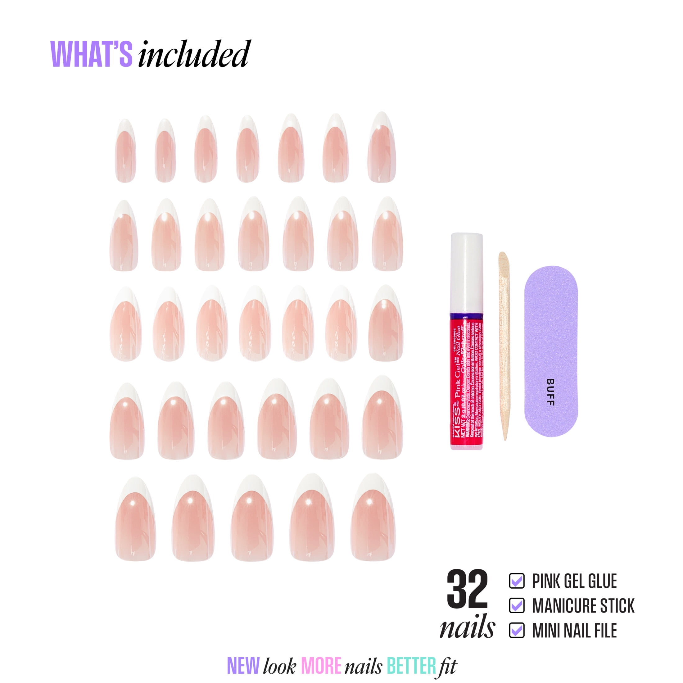 Kiss Core French Long Almond Press-On Nails, White, 32 Pieces