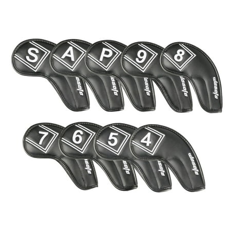 9x Golf Club Head Cover Embroidery Number Sticky Long Neck Anti Scratch Premium PU Leather Golf Iron Head Covers Set Head Protector Black