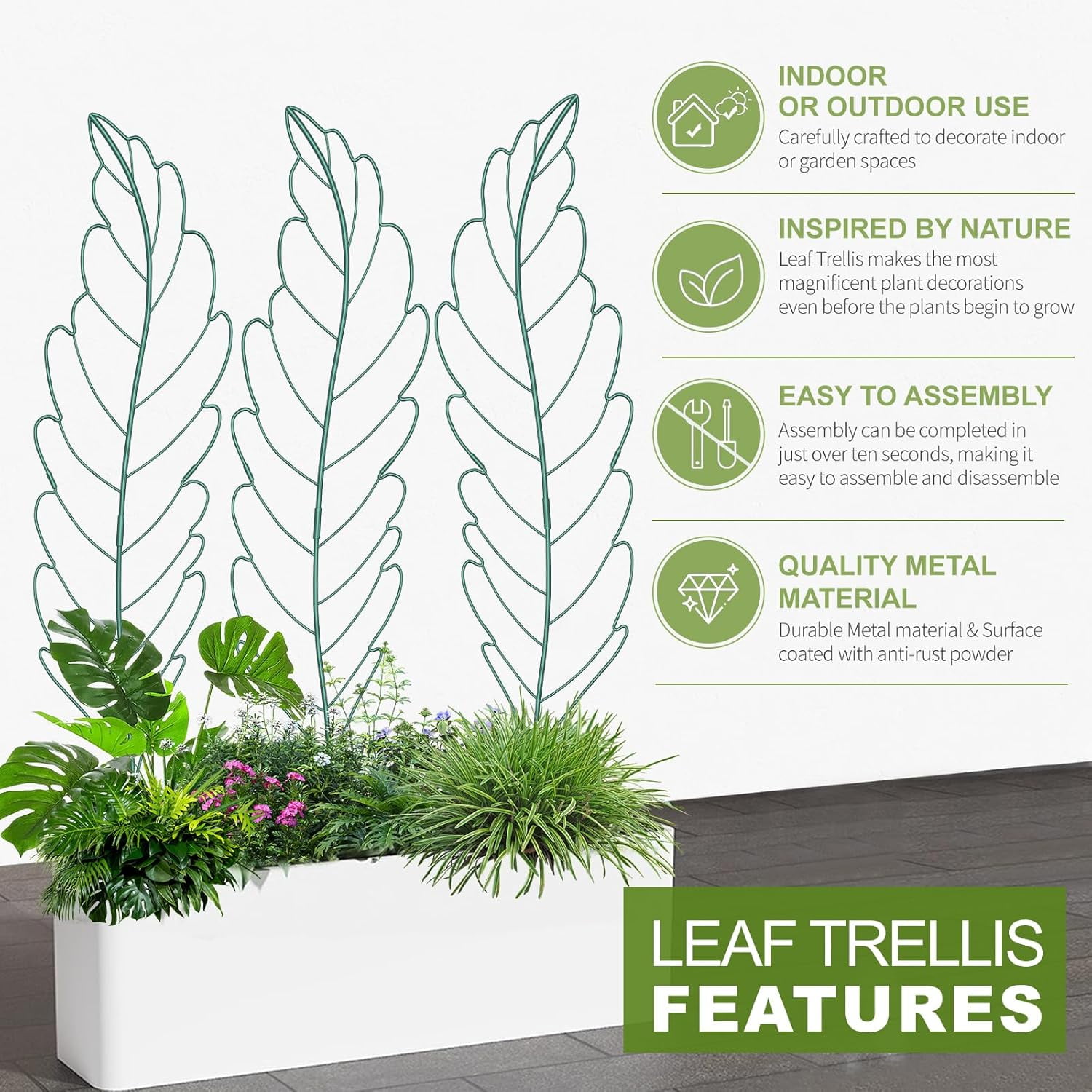 Bronkige 3Pack Leaf Metal Garden Trellis for Climbing Plants Outdoor, Metal Plant Trellis for Flowers Tomato Cucumber Rose Vegetable Support Garden Decoration, Green