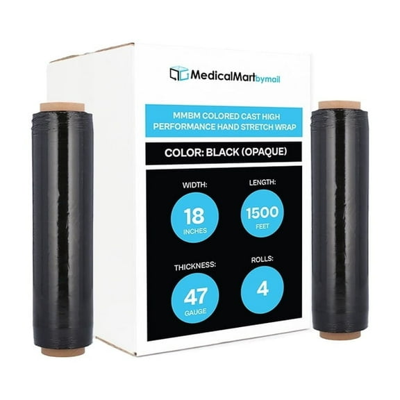 MMBM Black Hand Stretch Wrap 4 Rolls 18" x 1500' 47 Gauge Opaque Plastic Shrink Film for Wrapping Moving Pallets