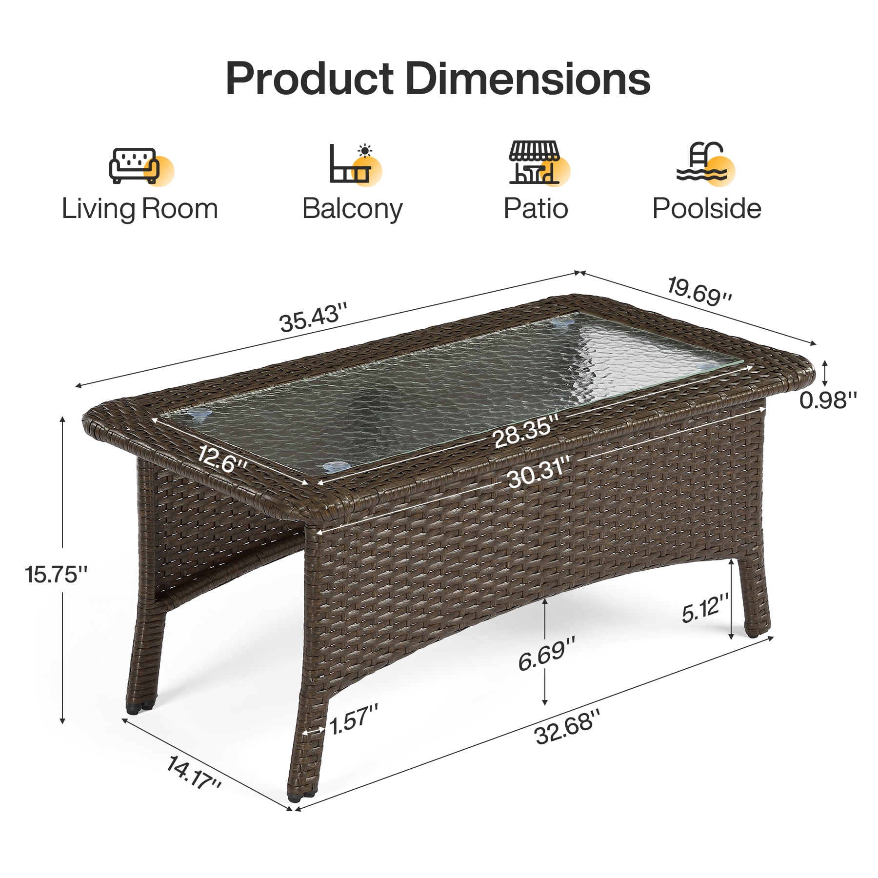 Fnova Outdoor Wicker Rectangular Coffee Table, PE Rattan Patio Table with Tempered Glass Top, Large Outdoor Furniture for Patio Backyard Garden